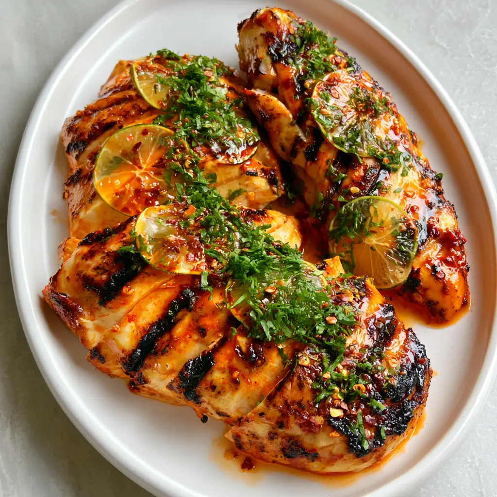 Chili Lime Marinade for the Juiciest Grilled Chicken 2 Overhead view of sliced chicken breast with a bright orange glaze, dark charred marks, and lime wheels. (Chili Lime Marinade)