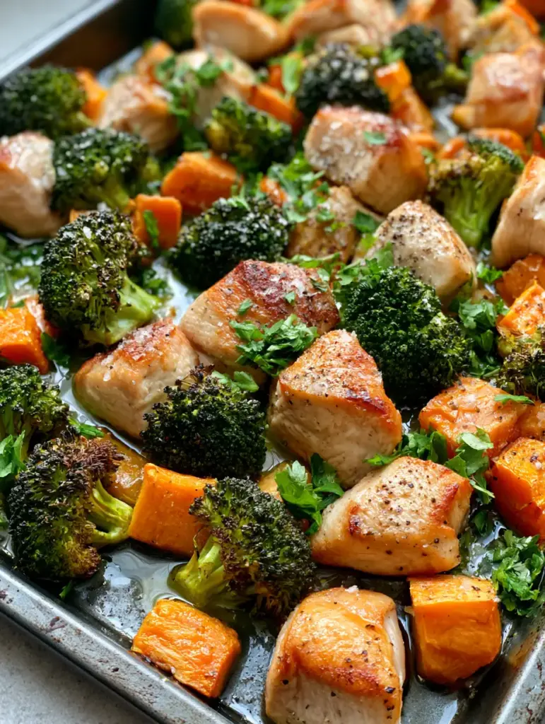 A glistening layer of olive oil over roasted sweet potato cubes and red bell pepper strips. (paleo sheet pan meals)