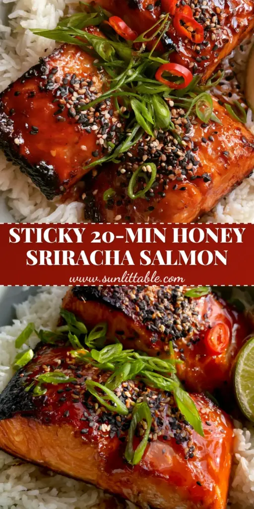 Honey Sriracha Glazed Salmon Bowls: The Ultimate 20-Minute Gourmet Dinner 3 A top-down view of Honey Sriracha Glazed Salmon Bowls with charred edges, ruby-red glaze, and sesame seeds over jasmine rice.