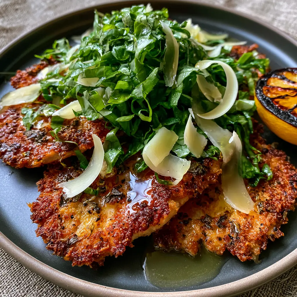 Italian Basil Chicken Cutlets with Glossy Lemon Butter Sauce 1 Overhead shot of Italian Basil Chicken Cutlets with a charred lemon half and artistically drizzled lemon butter sauce.
