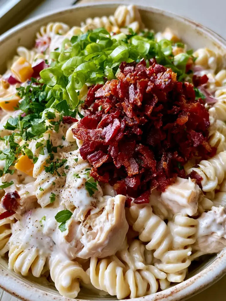 Chicken Bacon Ranch Pasta Salad with Rotisserie Chicken and Crispy Bacon 2 Top-down macro shot of chicken bacon ranch pasta salad with glistening ranch dressing, pulled chicken, and reddish-brown bacon bits.