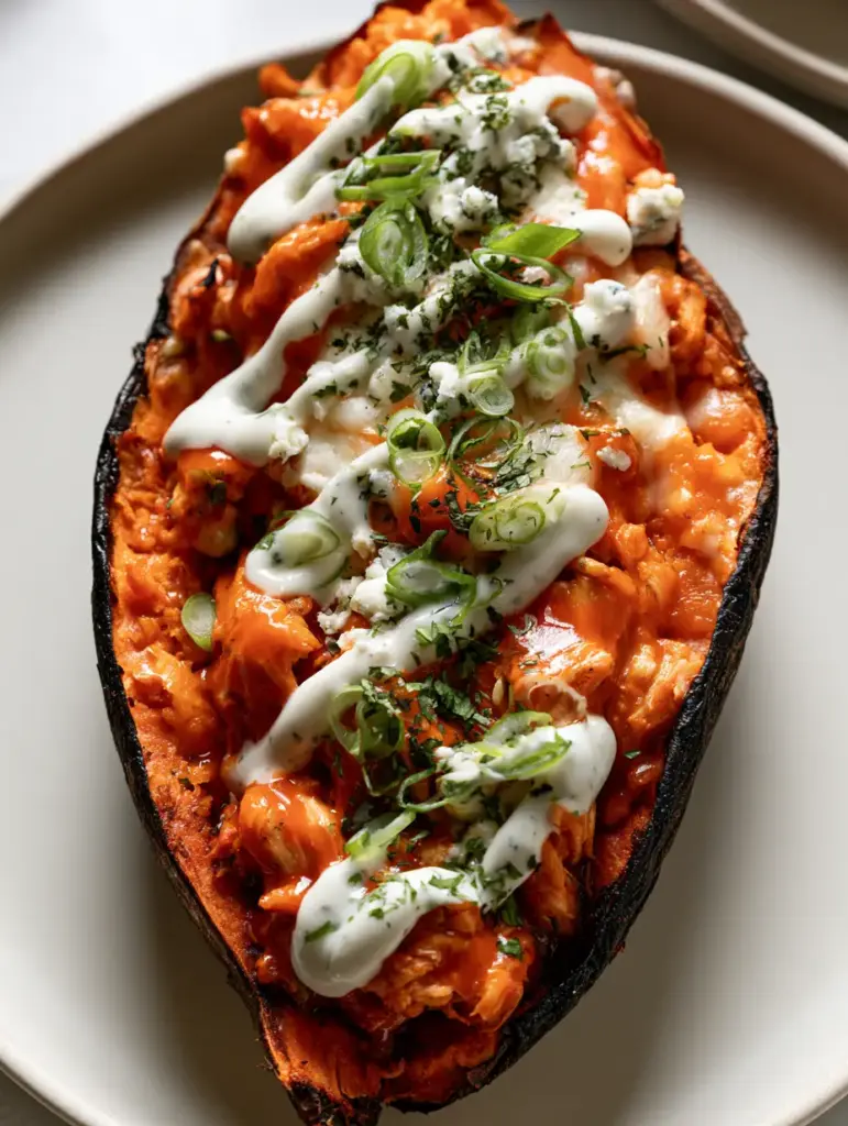 Buffalo Chicken Stuffed Sweet Potatoes with Bubbly Mozzarella 2 Top-down view of a roasted sweet potato overflowing with glossy buffalo chicken and melted cheese. (buffalo chicken stuffed sweet potatoes)