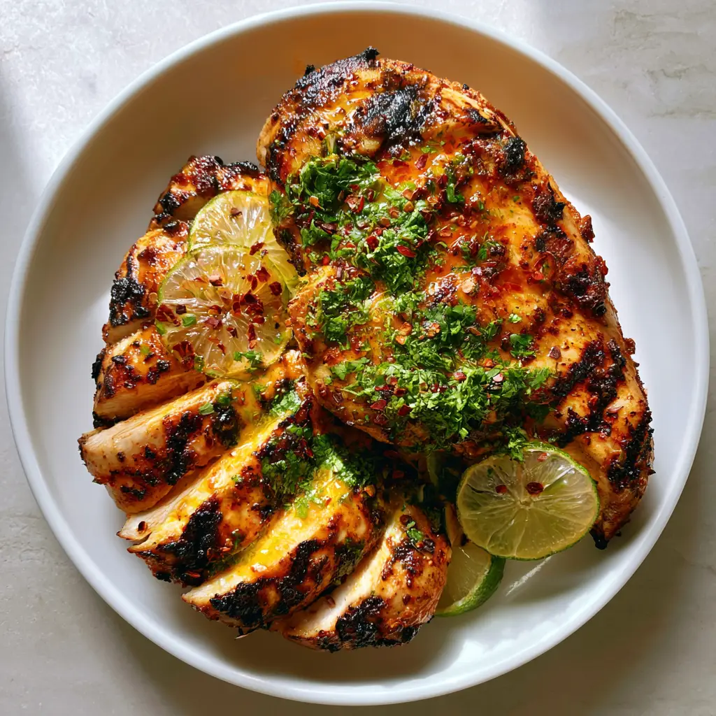 Chili Lime Marinade for the Juiciest Grilled Chicken 1 Close-up photo of glistening chicken breast slices garnished with red chili flakes and fresh cilantro.