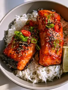 Close-up of air-fried salmon fillets with a reflective ruby-red honey sriracha glaze and precision-sliced scallions. (Honey Sriracha Glazed Salmon Bowls)
