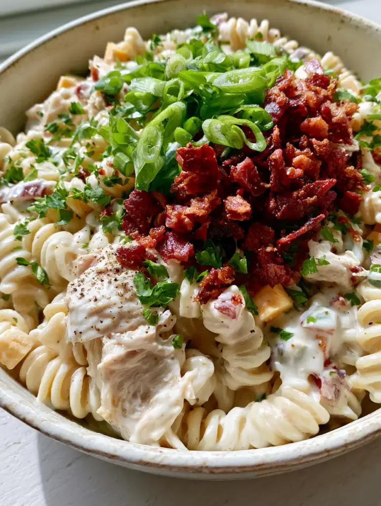 Chicken Bacon Ranch Pasta Salad with Rotisserie Chicken and Crispy Bacon 1 A slightly angled macro photo of pasta salad featuring sharp cheddar cubes, slivered red onions, and coarse cracked black pepper.