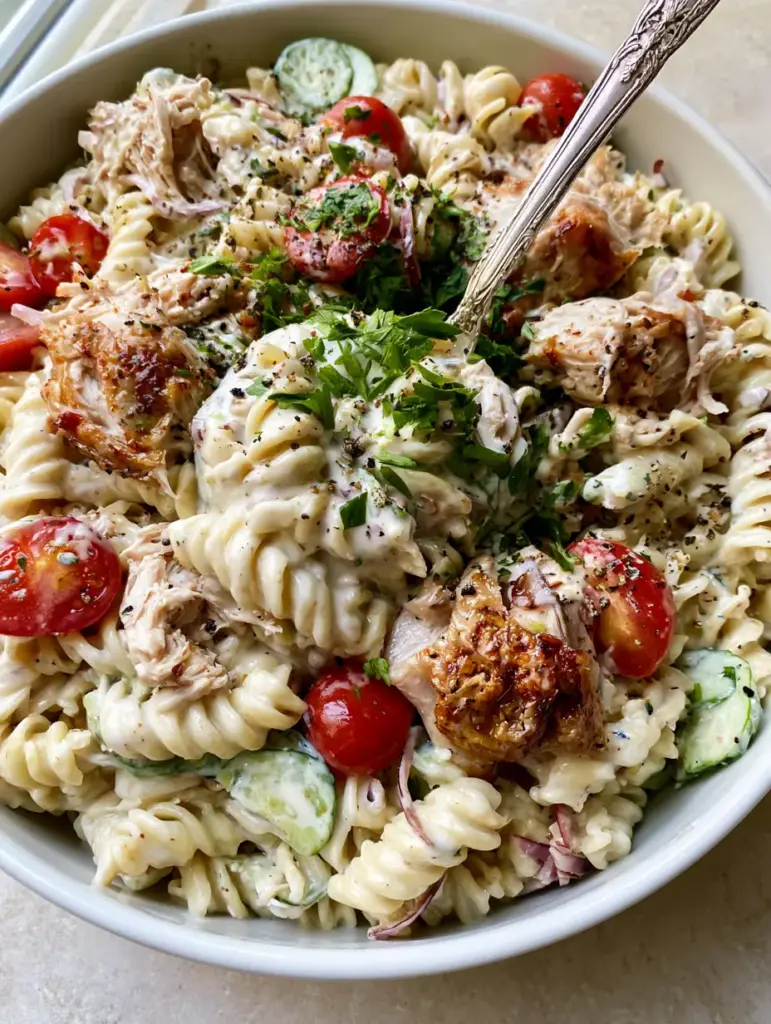 A close-up of the zesty creamy dressing clinging to the ridges of rotini pasta in a chicken pasta salad.