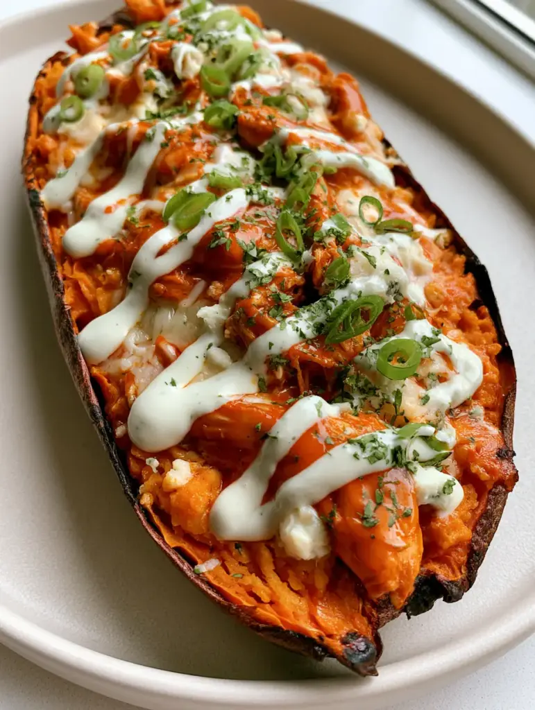 Buffalo Chicken Stuffed Sweet Potatoes with Bubbly Mozzarella 1 Close-up of blistered sweet potato skin and melted mozzarella topping. (buffalo chicken stuffed sweet potatoes)