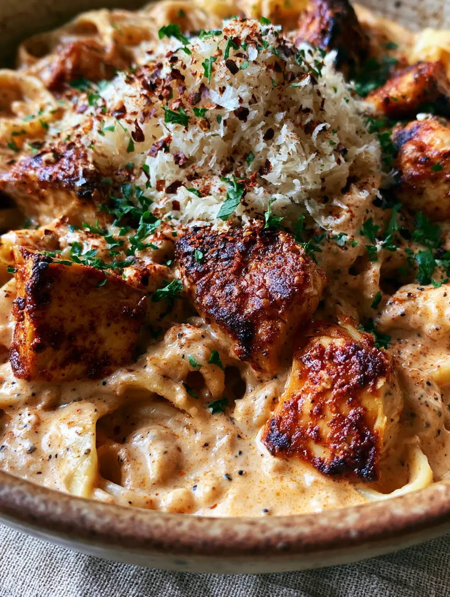 Cajun Chicken Alfredo: The Ultimate Creamy and Spicy Pasta Recipe 4 Macro shot of velvety orange Cajun sauce on fettuccine with charred chicken. (Cajun Chicken Alfredo)