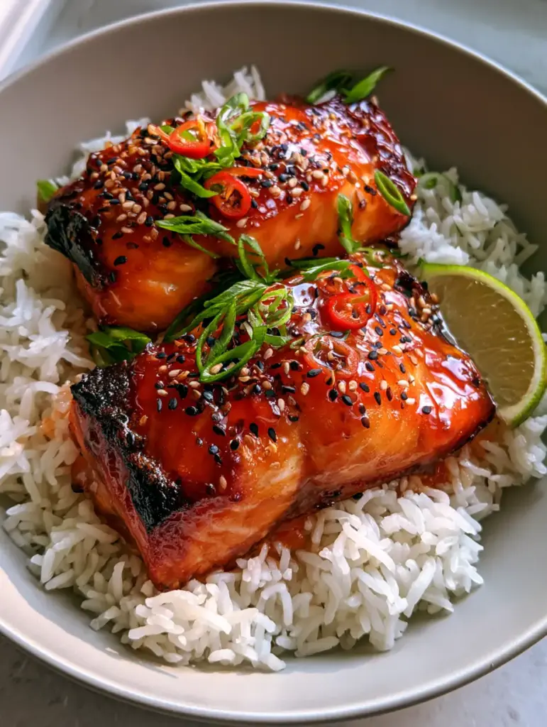 Honey Sriracha Glazed Salmon Bowls: The Ultimate 20-Minute Gourmet Dinner 1 Handheld smartphone photo of Honey Sriracha Glazed Salmon Bowls in a light gray ceramic bowl with fresh lime and chilies.