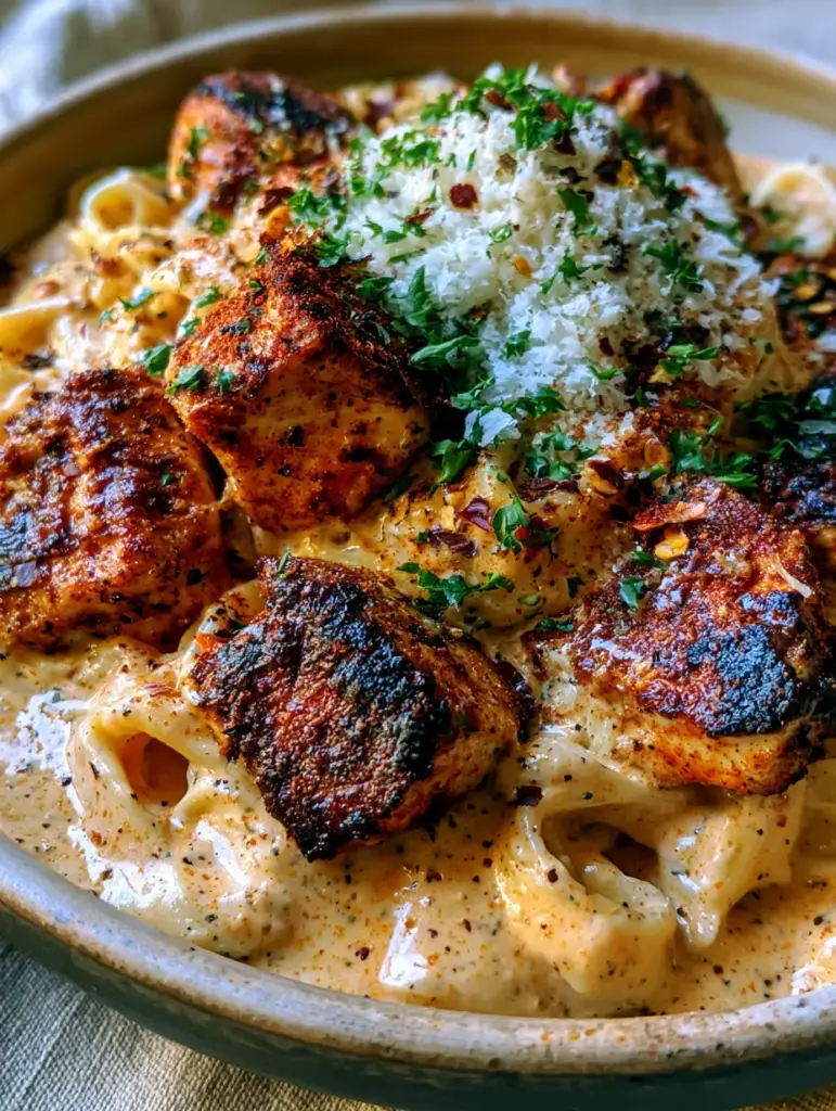 Cajun Chicken Alfredo: The Ultimate Creamy and Spicy Pasta Recipe 1 Rustic bowl of Cajun Chicken Alfredo topped with a mountain of parmesan cheese.