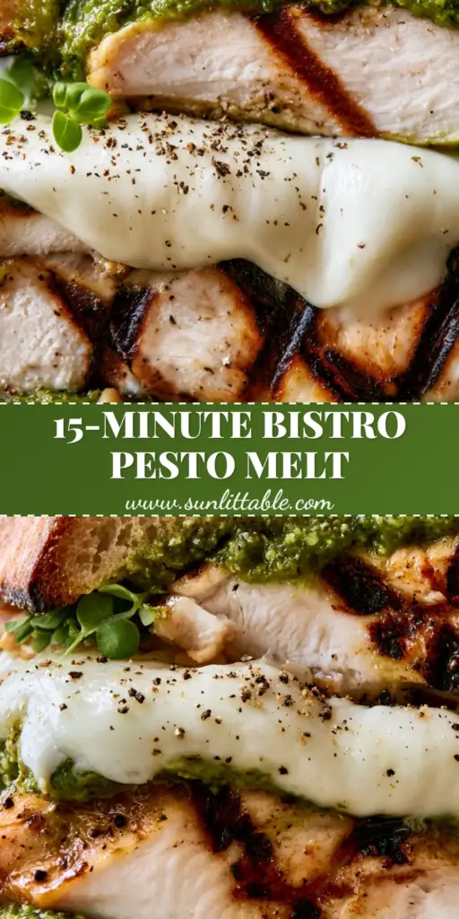 Pesto Grilled Chicken Sandwich: The Ultimate Bistro-Style Recipe 4 A close-up of a sliced Pesto Grilled Chicken Sandwich on toasted ciabatta with melting mozzarella and vibrant green pesto garnish.