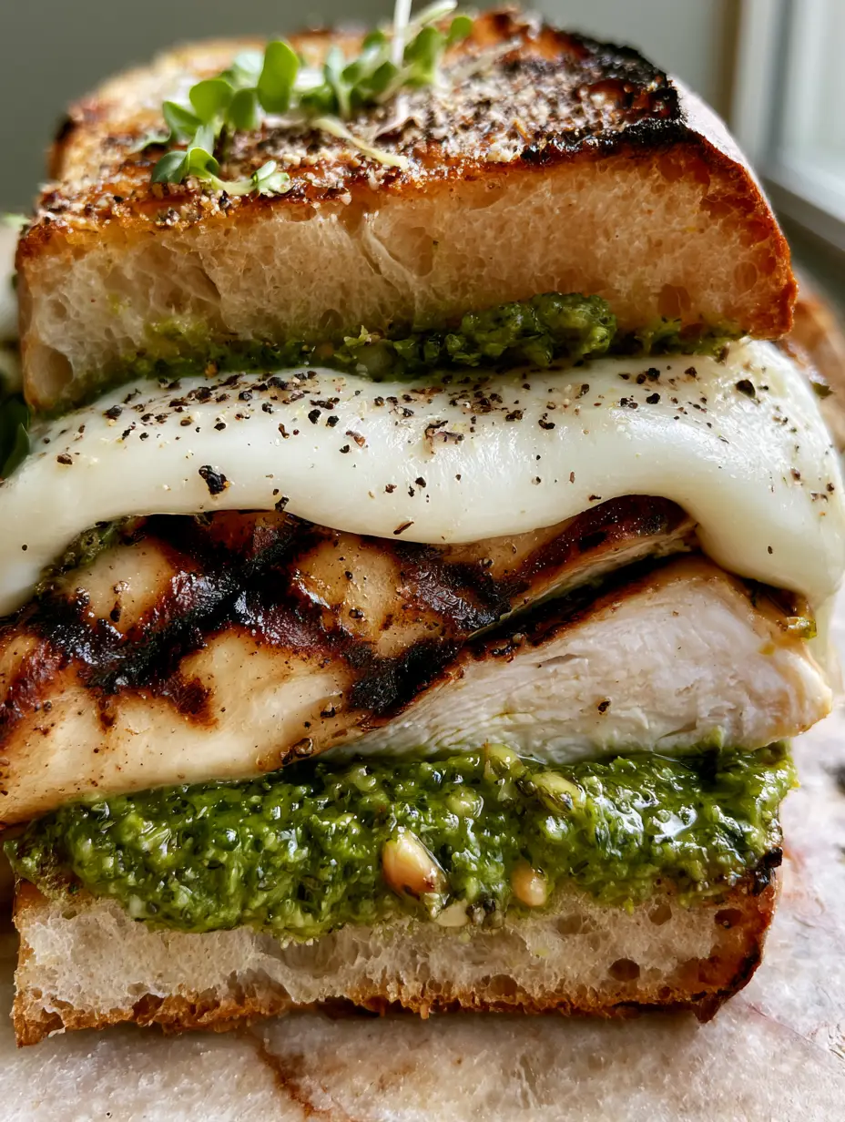 Pesto Grilled Chicken Sandwich: The Ultimate Bistro-Style Recipe 3 Macro shot of seared grilled chicken slices with cross-hatch marks and emerald green basil pesto.