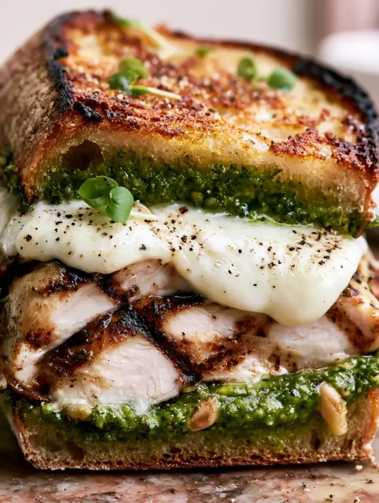 Pesto Grilled Chicken Sandwich: The Ultimate Bistro-Style Recipe 1 Bubbling melted mozzarella cheese stretching between two slices of toasted ciabatta bread.