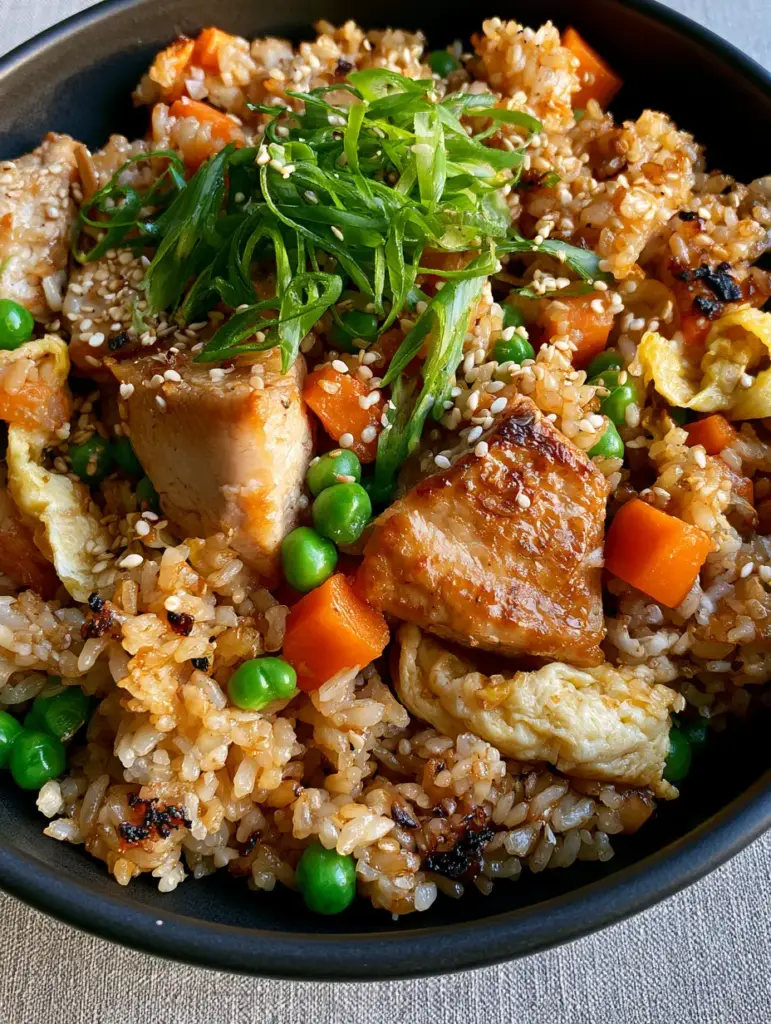 Chicken Fried Rice with Golden Seared Chicken and Silky Egg Ribbons 2 Close up of individual jasmine rice grains with amber glaze and seared chicken pieces in chicken fried rice.