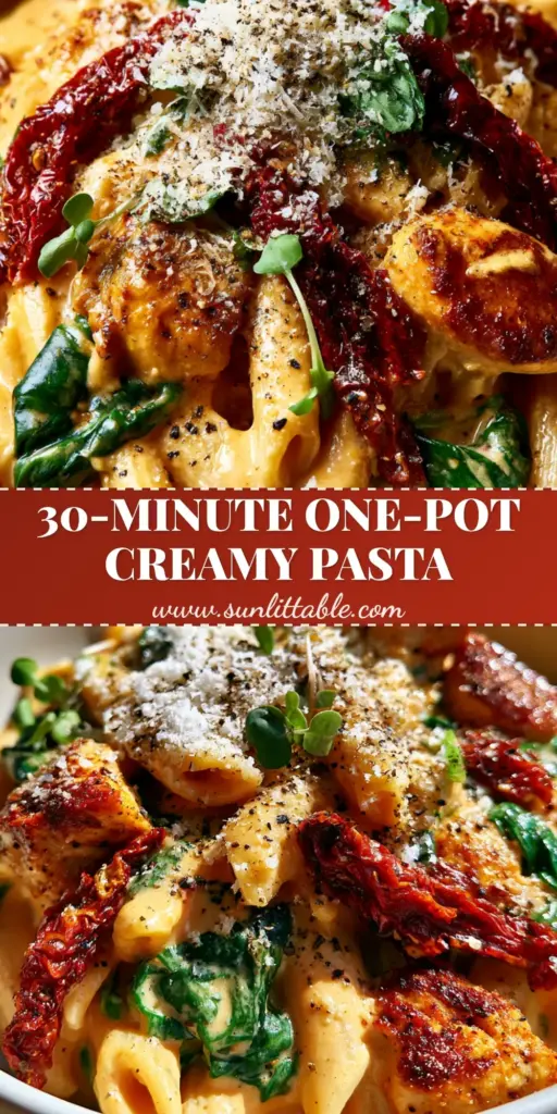 Tomato Spinach Chicken Pasta with Velvety Garlic Parmesan Sauce 3 A shallow matte white bowl filled with creamy tomato spinach chicken pasta, featuring pale orange sauce and micro-basil garnish.