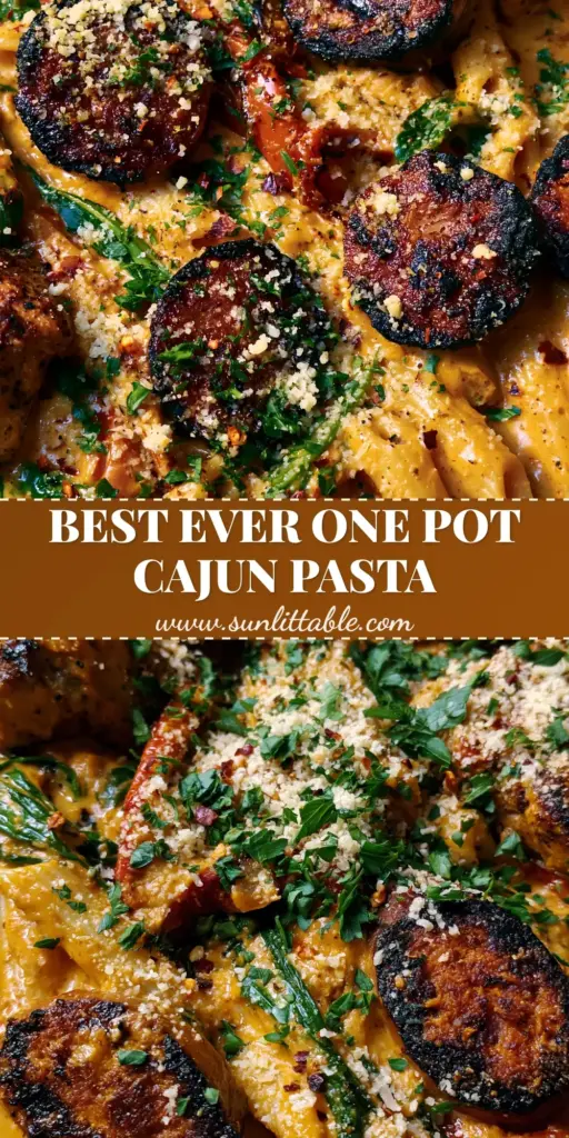 Cajun Chicken and Sausage Alfredo: The Ultimate Creamy One-Pan Pasta 3 A top-down view of a black skillet filled with Cajun Chicken and Sausage Alfredo, featuring blackened chicken, charred andouille sausage, and a thick orange-gold sauce topped with parsley.