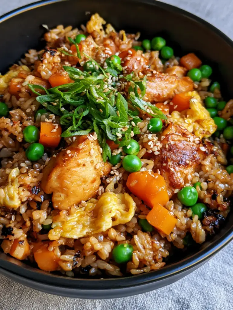 Chicken Fried Rice with Golden Seared Chicken and Silky Egg Ribbons 1 Macro view of silky yellow egg ribbons and bright green scallions over chicken fried rice.
