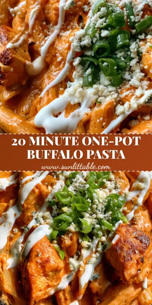 Buffalo Wild Wings Chicken Pasta: The Ultimate Creamy Skillet Recipe 4 A rustic black cast iron skillet filled with Buffalo Wild Wings Chicken Pasta, featuring creamy orange sauce, ranch drizzle, and green onions on a light wood background.