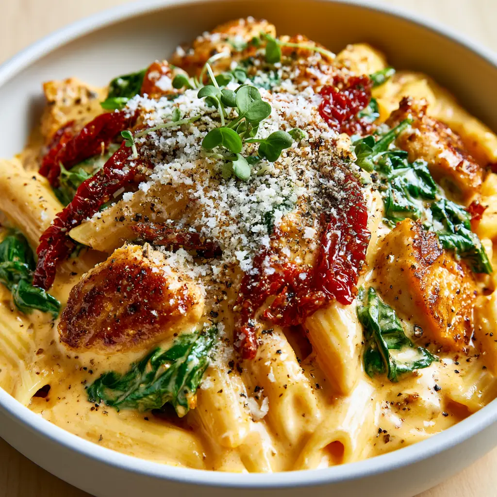 Tomato Spinach Chicken Pasta with Velvety Garlic Parmesan Sauce 2 Extreme macro shot of penne pasta smothered in a velvety pale orange sauce with ruby sun-dried tomatoes and green spinach.