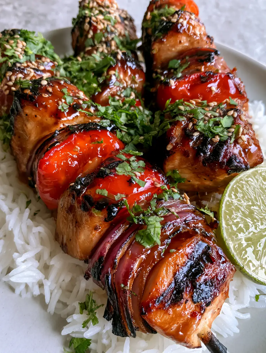 Grilled Chicken Skewers with Honey Garlic Glaze and Blistered Peppers 3 Extreme close-up of charred grilled chicken skewers with a thick honey marinade and blistered bell peppers. (grilled chicken skewers)