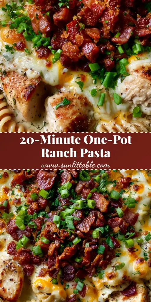 Chicken Bacon Ranch Pasta Skillet: The Ultimate One-Pan Comfort Meal 3 A top-down view of a rustic black skillet featuring Chicken Bacon Ranch Pasta Skillet with bubbling cheese, crispy bacon, and fresh scallions.