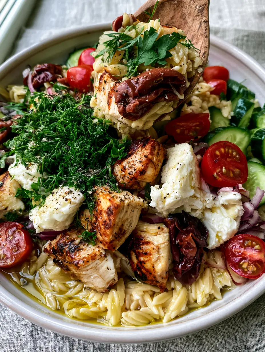 Greek Chicken Orzo Salad: The Ultimate Mediterranean Meal Prep Masterpiece 4 Close-up of seared chicken cubes and al dente orzo in a Greek chicken orzo salad.