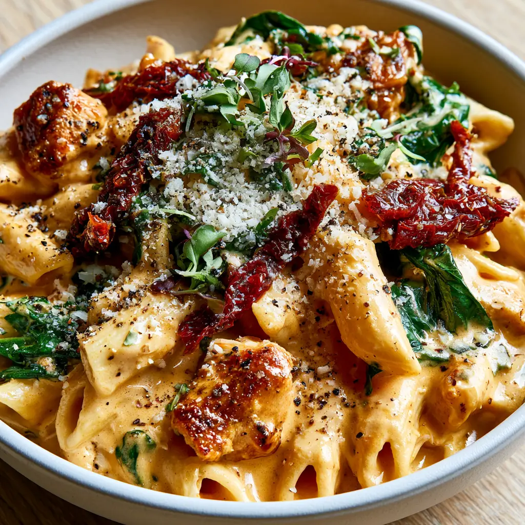 Tomato Spinach Chicken Pasta with Velvety Garlic Parmesan Sauce 1 Close-up of golden-brown seared chicken pieces tucked into a bowl of tomato spinach chicken pasta on a light wood background.