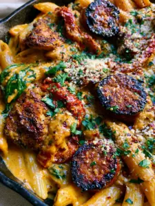 Extreme close-up of glossy Cajun Chicken and Sausage Alfredo showing juicy blackened chicken and vibrant red bell peppers in a thick cream sauce.