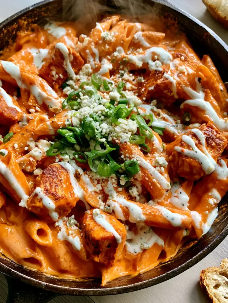 Buffalo Wild Wings Chicken Pasta: The Ultimate Creamy Skillet Recipe 2 Top-down view of Buffalo Wild Wings Chicken Pasta with glossy orange sauce and seared chicken chunks in a cast iron pan.