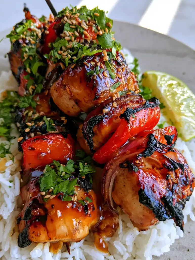 Grilled Chicken Skewers with Honey Garlic Glaze and Blistered Peppers 1 Handheld photo showing juicy grilled chicken skewers topped with sesame seeds and fresh cilantro. (grilled chicken skewers)