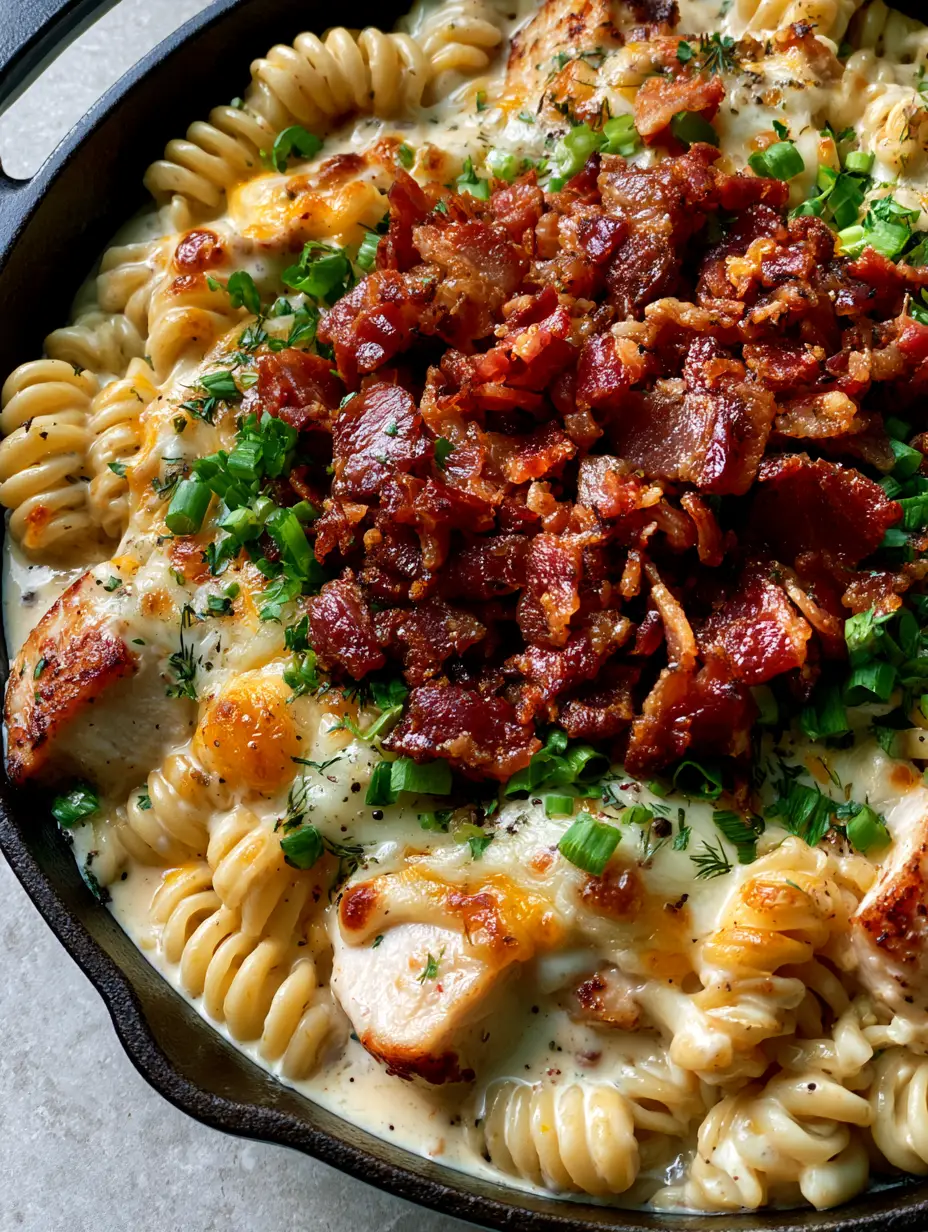 Chicken Bacon Ranch Pasta Skillet: The Ultimate One-Pan Comfort Meal 4 A macro top-down shot of al dente rotini in a thick ivory ranch cream sauce with golden-brown chicken chunks in a Chicken Bacon Ranch Pasta Skillet.