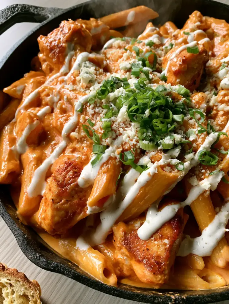 Buffalo Wild Wings Chicken Pasta: The Ultimate Creamy Skillet Recipe 1 Close-up of Buffalo Wild Wings Chicken Pasta showing the zig-zag ranch drizzle and blue cheese garnishes.