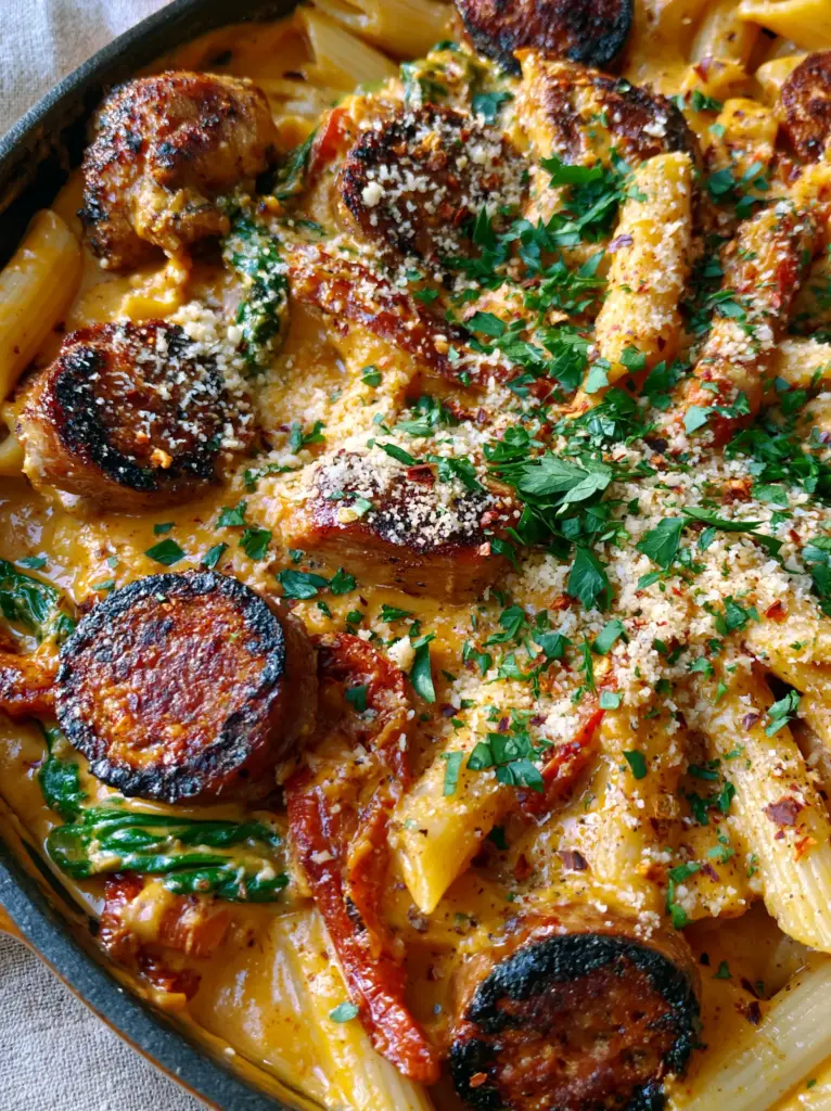 Cajun Chicken and Sausage Alfredo: The Ultimate Creamy One-Pan Pasta 1 Top-down view of charred andouille sausage rounds and wilted spinach nestled in orange-tinted Cajun Alfredo pasta.