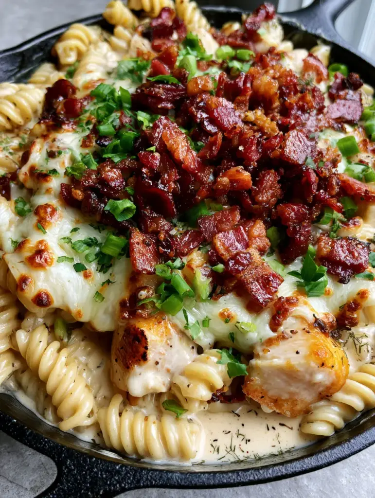 Chicken Bacon Ranch Pasta Skillet: The Ultimate One-Pan Comfort Meal 1 Close-up of bubbling melted cheddar and mozzarella with toasted brown spots and extra-crispy bacon on a Chicken Bacon Ranch Pasta Skillet.