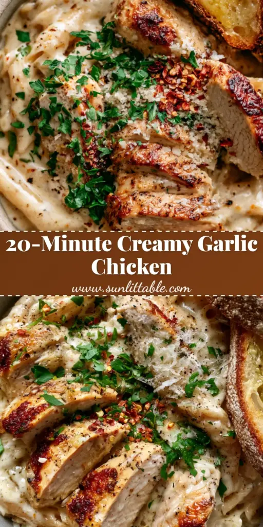 Comfort Chicken Pasta with Velvety Garlic Parmesan Sauce and Seared Golden Chicken 4 A close-up vertical shot of comfort chicken pasta in a matte bowl with seared chicken, parsley, and garlic bread. (comfort chicken pasta)