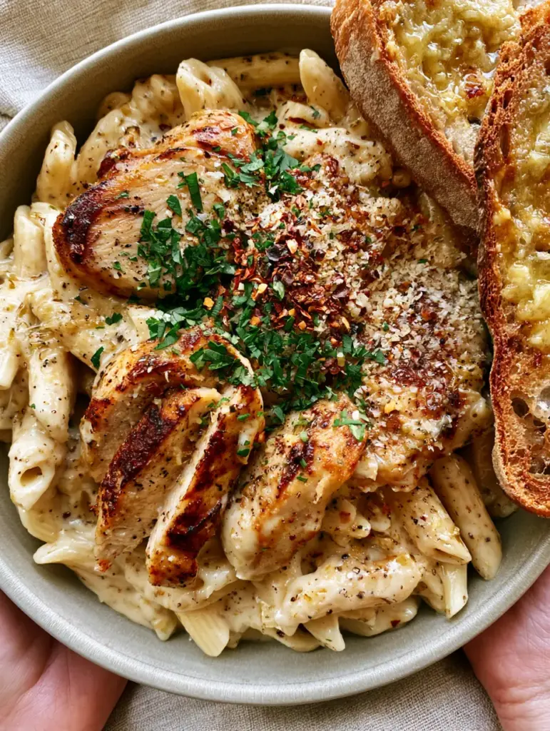 Comfort Chicken Pasta with Velvety Garlic Parmesan Sauce and Seared Golden Chicken 2 Top-down diagonal close-up of comfort chicken pasta in a shallow ceramic bowl held by hands. (comfort chicken pasta)