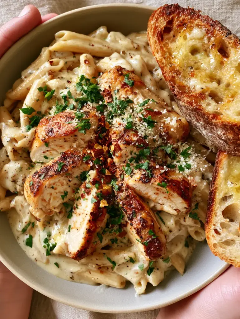 Comfort Chicken Pasta with Velvety Garlic Parmesan Sauce and Seared Golden Chicken 1 Extreme close-up of velvety garlic butter parmesan sauce flecked with black pepper on penne pasta. (comfort chicken pasta)