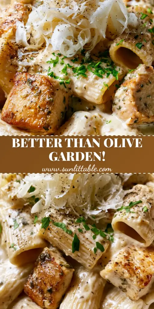 Parmesan Chicken Rigatoni with Glossy Garlic Cream Sauce 4 Close-up of Parmesan chicken rigatoni in a white bowl topped with airy parmesan wisps and fresh parsley.