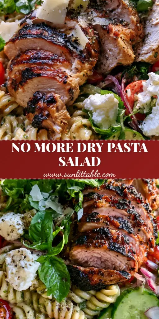Grilled Chicken Pasta Salad with Glossy Herb Vinaigrette 3 A top-down view of a Grilled Chicken Pasta Salad in a ceramic bowl with charred chicken and fresh basil.