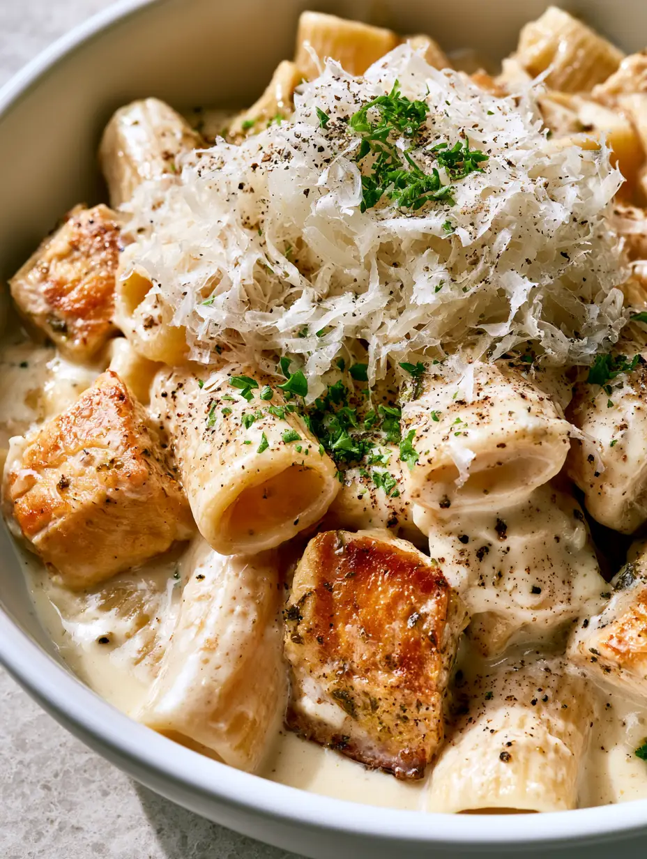 Parmesan Chicken Rigatoni with Glossy Garlic Cream Sauce 3 Extreme close-up of glossy garlic cream sauce coating rigatoni tubes with seared chicken chunks. (Parmesan chicken rigatoni)