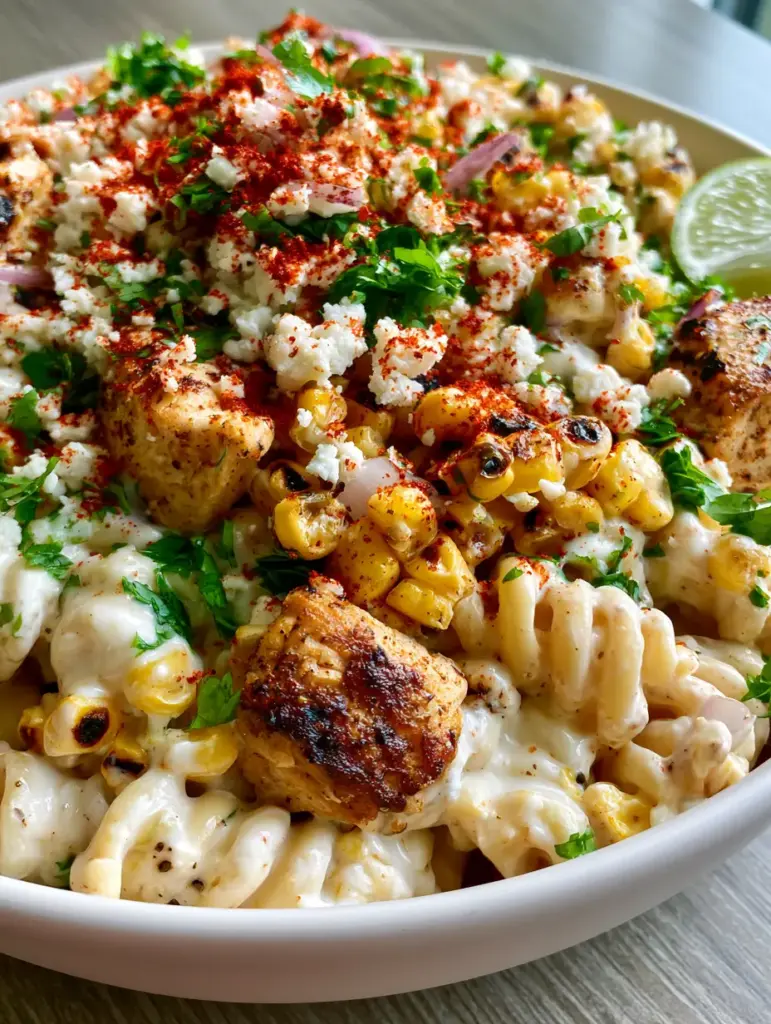 Mexican Street Corn Chicken Pasta Salad with Zesty Lime Crema 2 Ultra close-up of rotini pasta coated in lime crema with charred corn and seared chicken chunks. (mexican street corn chicken pasta salad)