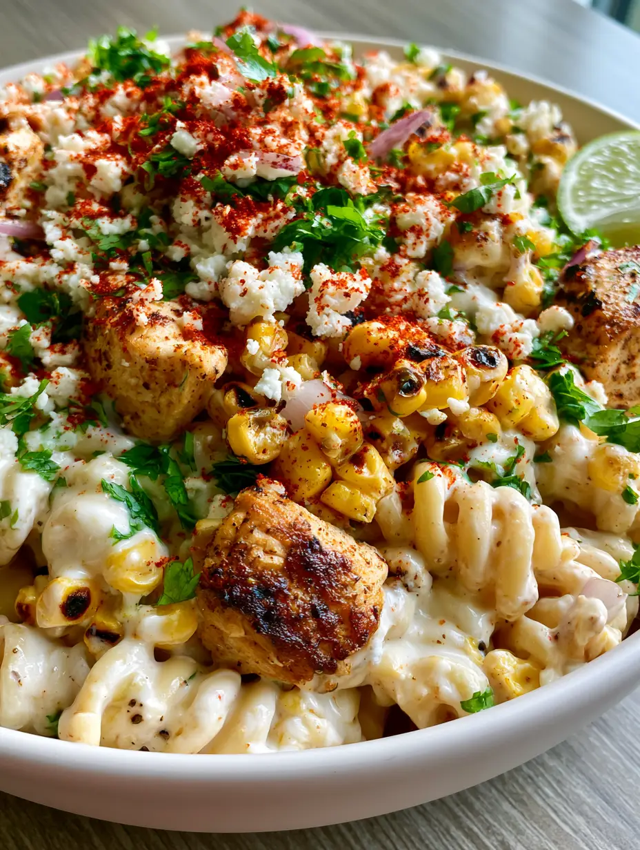 Mexican Street Corn Chicken Pasta Salad with Zesty Lime Crema 3 Ultra close-up of rotini pasta coated in lime crema with charred corn and seared chicken chunks. (mexican street corn chicken pasta salad)