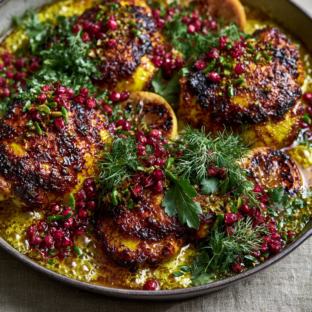 Angled close-up of crispy Persian chicken skin garnished with ruby-red barberries and emerald pistachios.