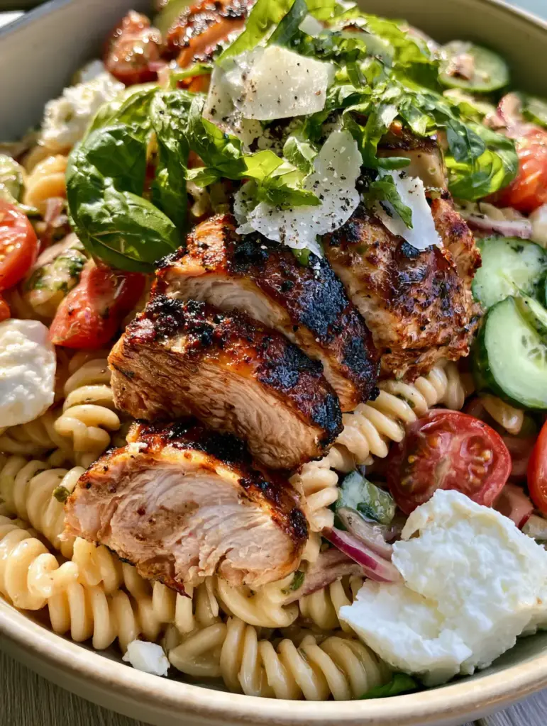 Grilled Chicken Pasta Salad with Glossy Herb Vinaigrette 2 Smartphone photo of a large ceramic bowl filled with Grilled Chicken Pasta Salad, featuring charred chicken and al dente fusilli in natural sunlight.