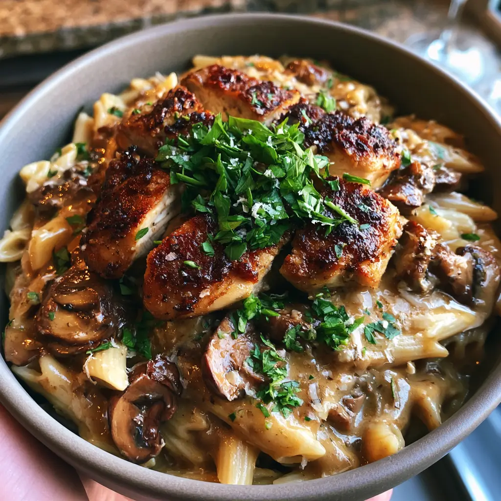 Chicken Marsala Pasta: The Ultimate Creamy Restaurant-Style Recipe 2 First-person POV holding a bowl of Chicken Marsala Pasta with golden seared chicken and parsley garnish.