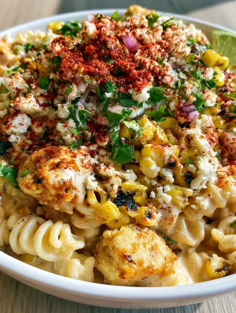 Mexican Street Corn Chicken Pasta Salad with Zesty Lime Crema 1 A top-down view of the mexican street corn chicken pasta salad showing cotija cheese, red onion slivers, and smoked paprika dusting.