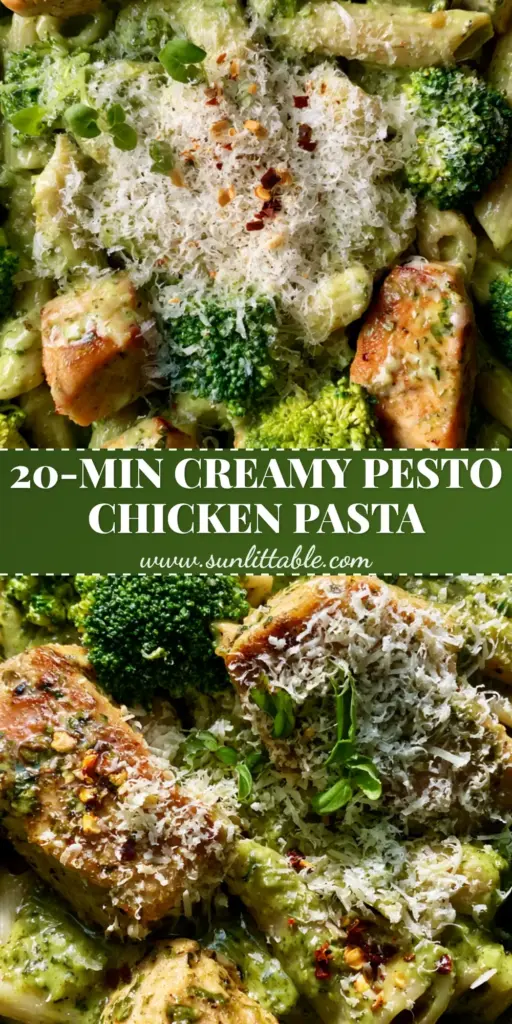 Creamy Pesto Chicken and Broccoli Pasta: The Ultimate 30-Minute Skillet Dinner 4 A rustic matte black skillet filled with creamy pesto chicken and broccoli pasta, garnished with parmesan and micro-basil.