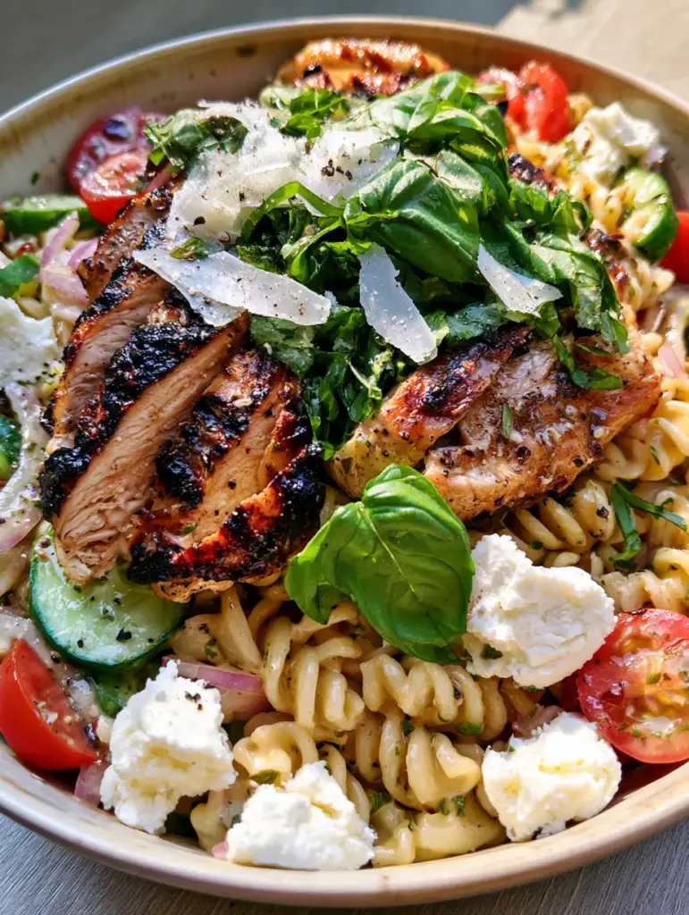 Grilled Chicken Pasta Salad with Glossy Herb Vinaigrette 1 Close-up of charred grilled chicken slices and glossy herb-flecked vinaigrette on fusilli pasta.