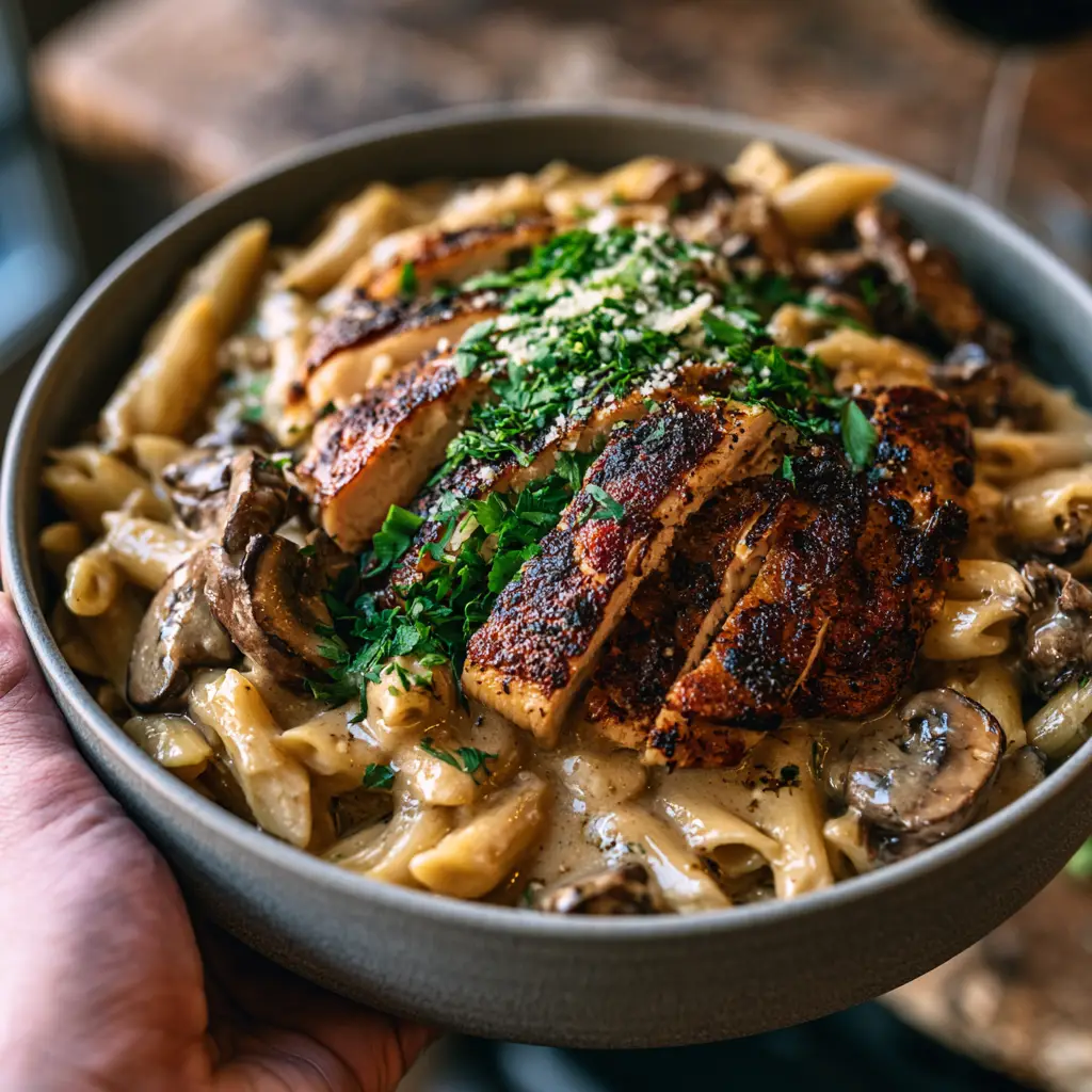 Chicken Marsala Pasta: The Ultimate Creamy Restaurant-Style Recipe 1 Detailed shot of glossy Marsala cream sauce coating penne pasta and plump mushrooms.