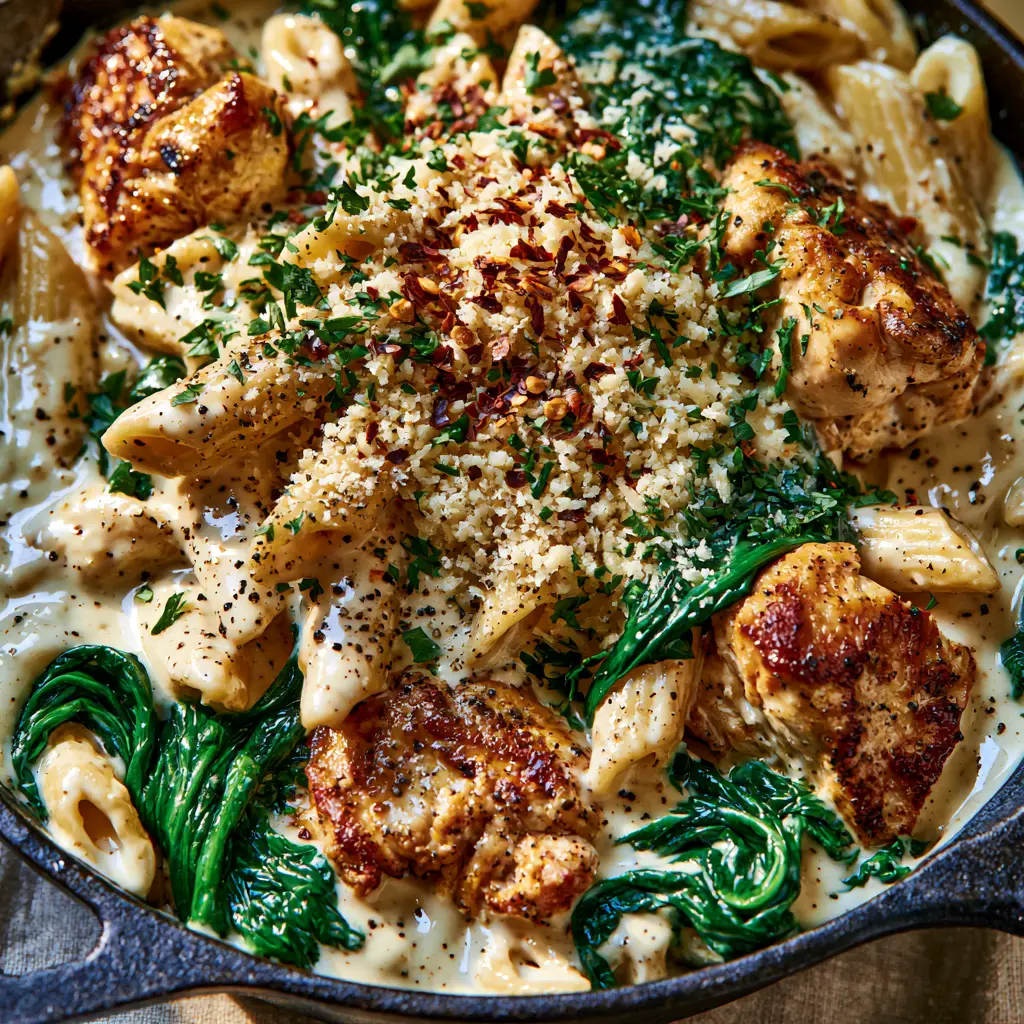 Creamy Chicken Penne with Garlic Parmesan Sauce and Wilted Spinach 2 Extreme close-up of glossy ivory garlic parmesan sauce on penne pasta with seared chicken. (Creamy Chicken Penne)